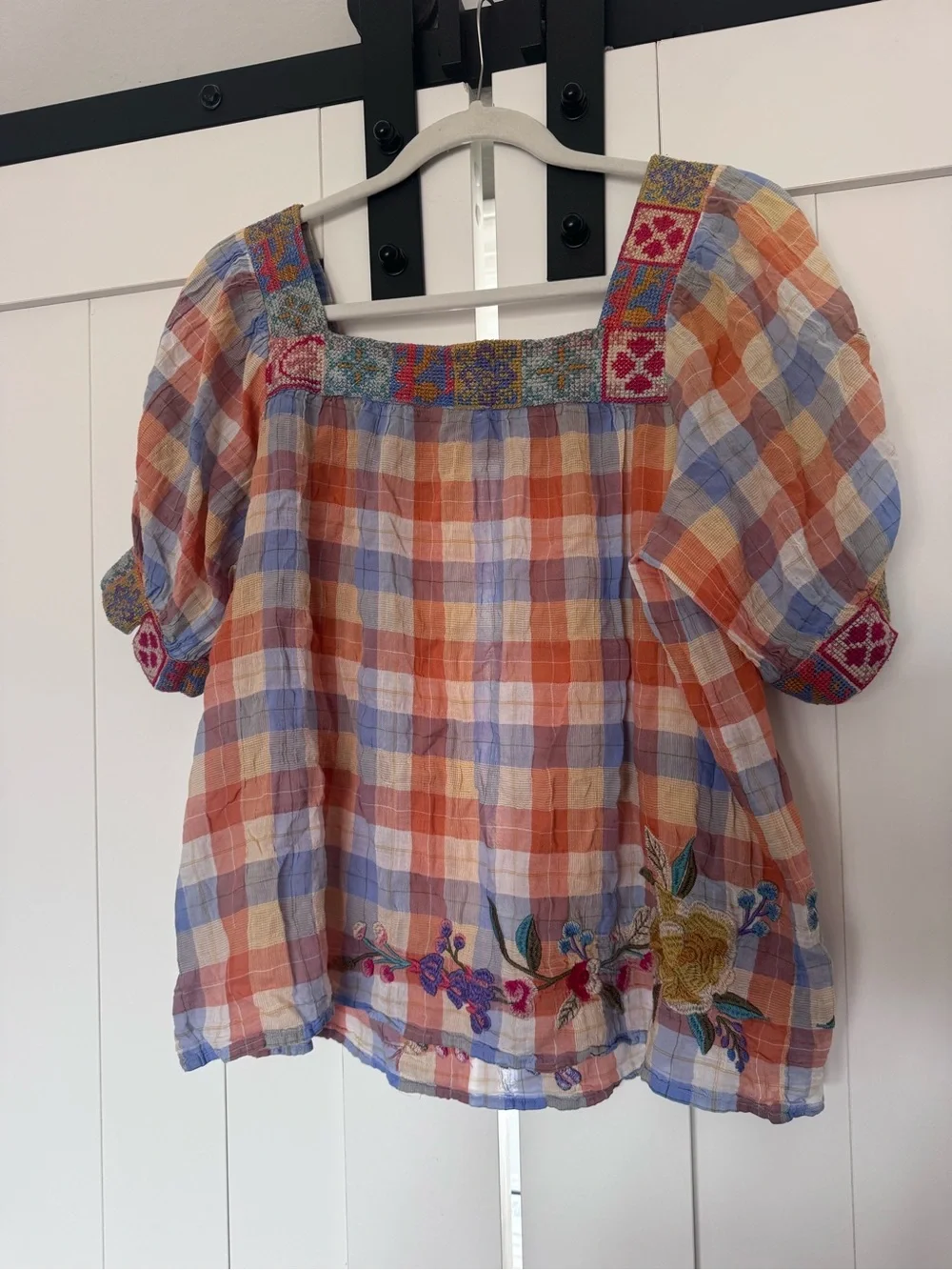 Johnny Was workshop Plaid Embroidered Puff-Sleeve Top